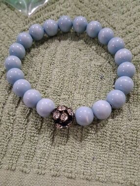 Light Blue Beaded Stretch Bracelet with Crystal Accent Bead